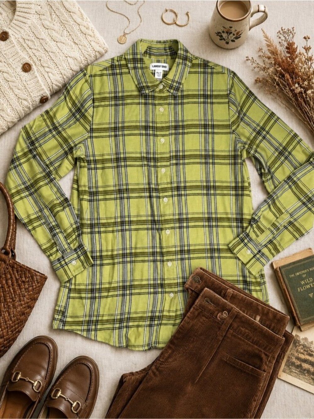 Plaid Flannel Shirt Lands’ End Green M Cotton Fall layering